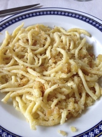 We had this hand-made pici with olive oil, bread crumbs, and cheese in a private family wintery in Tuscany. I cannot convey the magic of how this tasted.