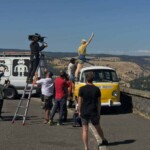 They were shooting a Samsung ad at the trailhead. So look for this image from a roadtrip spot.